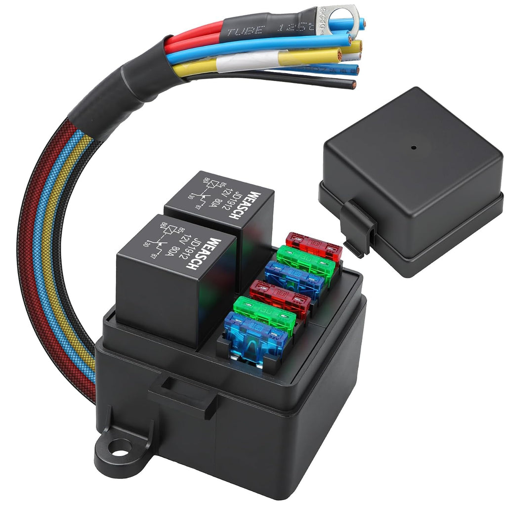 12V 6 Way Pre-Wired Fuse Relay Box Kit with Two 80A 4-Pin Relays | 6 ATC/ATO Slots, Dustproof Covers, Universal Relay