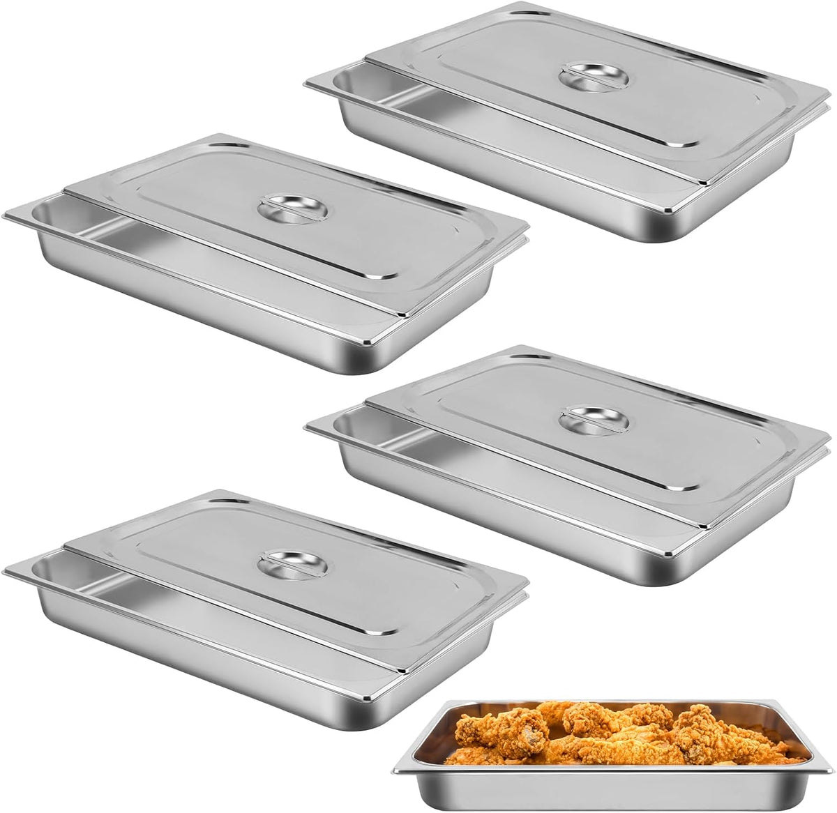Hotel Pan, Full Size Steam Table Pan 2.5" Deep Stainless Steel With Lid 20.8" L x 13" W Anti-Jam Buffet Commercial (4