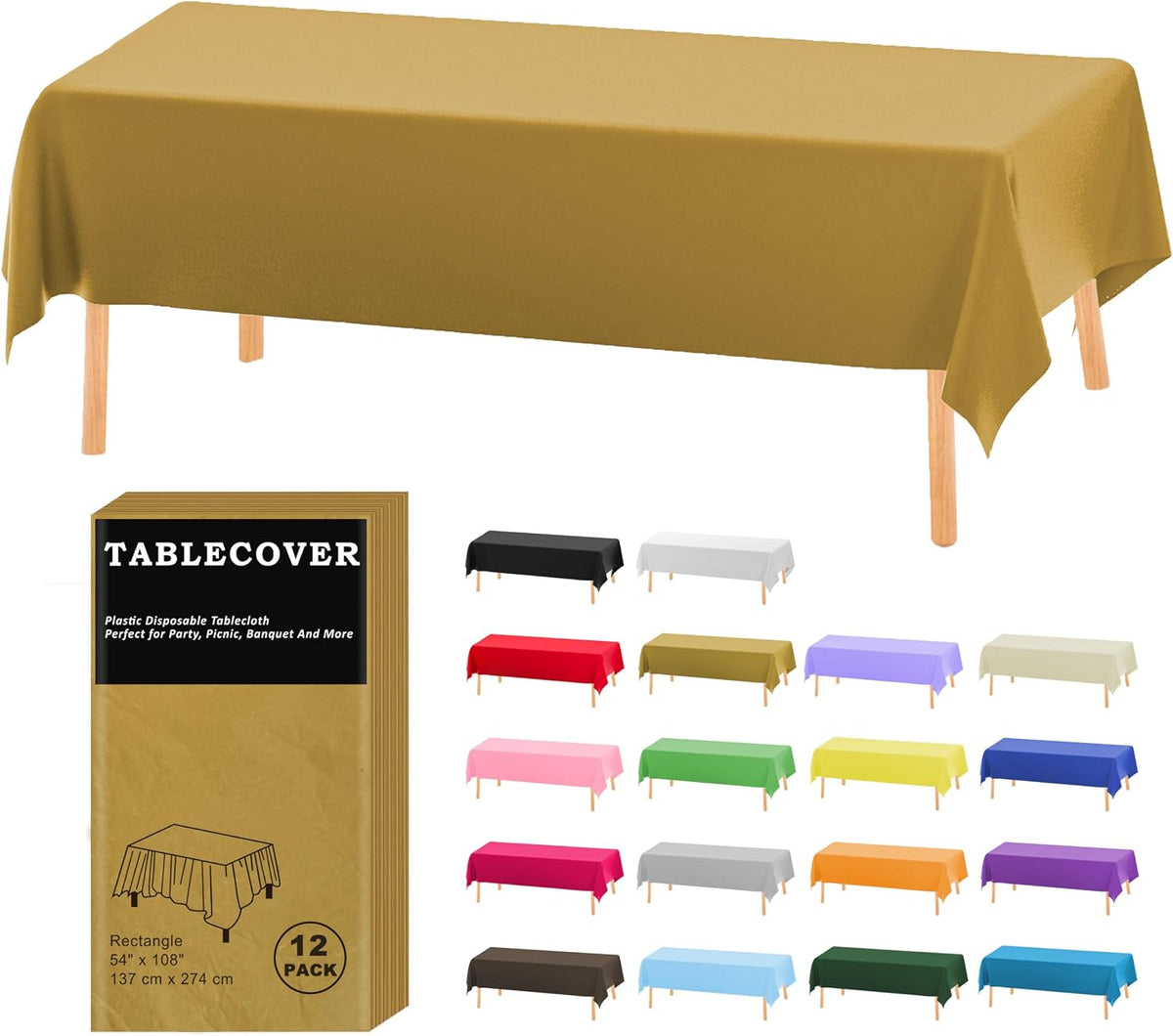 12 Pack Gold Disposable Plastic Tablecloth 54"x108" Table Cover