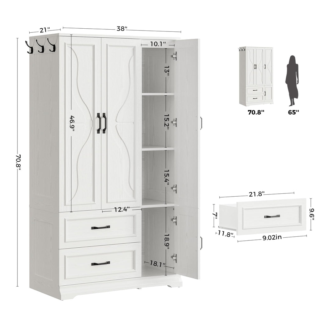 Armoire Wardrobe Closet with 4 Doors and Drawers, White