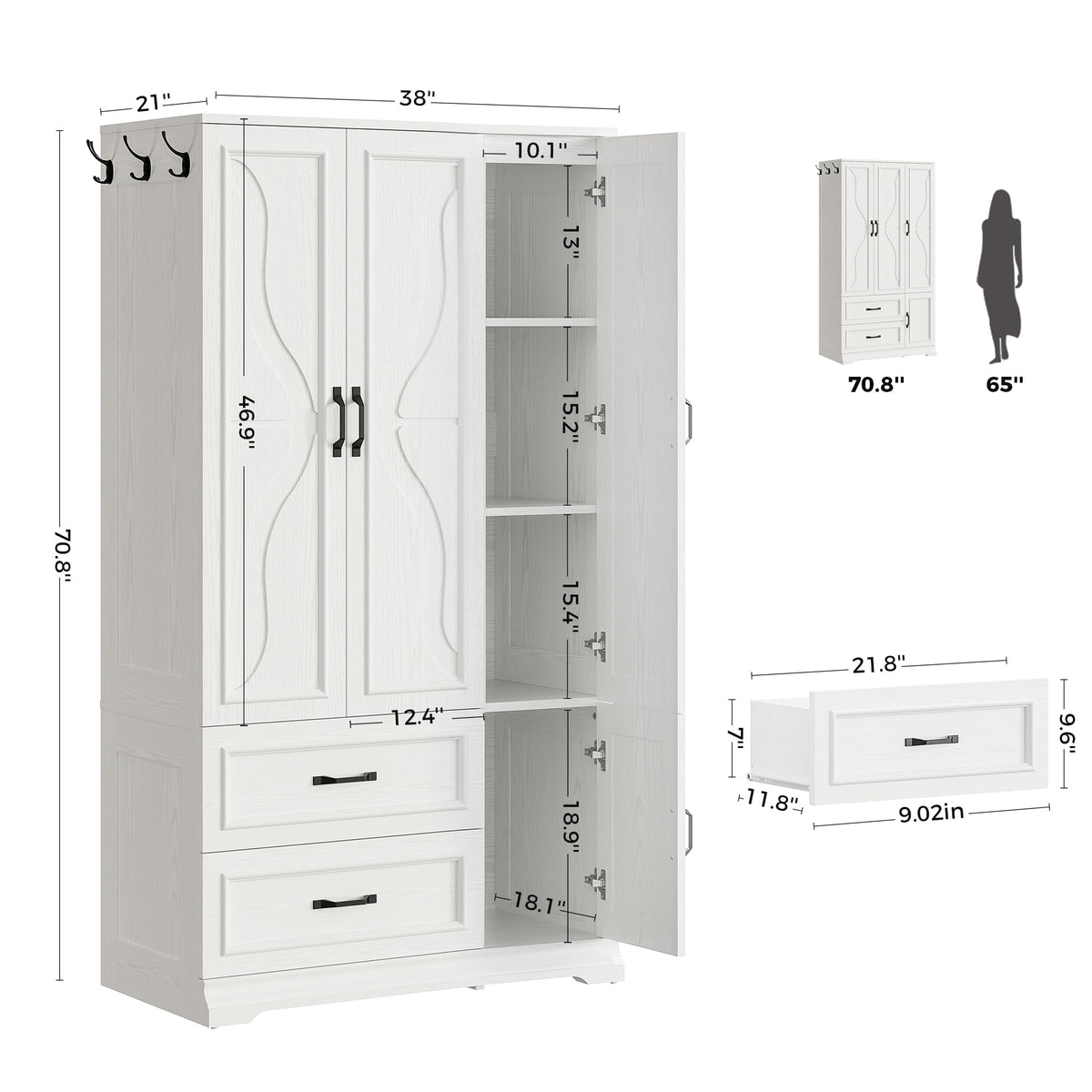 Armoire Wardrobe Closet with 4 Doors and Drawers, White