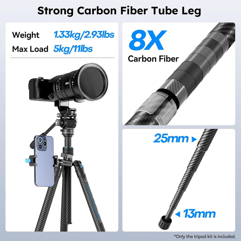 Traveler Air-T Carbon Fiber Travel Video Tripod, KV-5 Fluid Head, 61" | 1.33kg Lightweight, 360° Pan, -80° To 90°