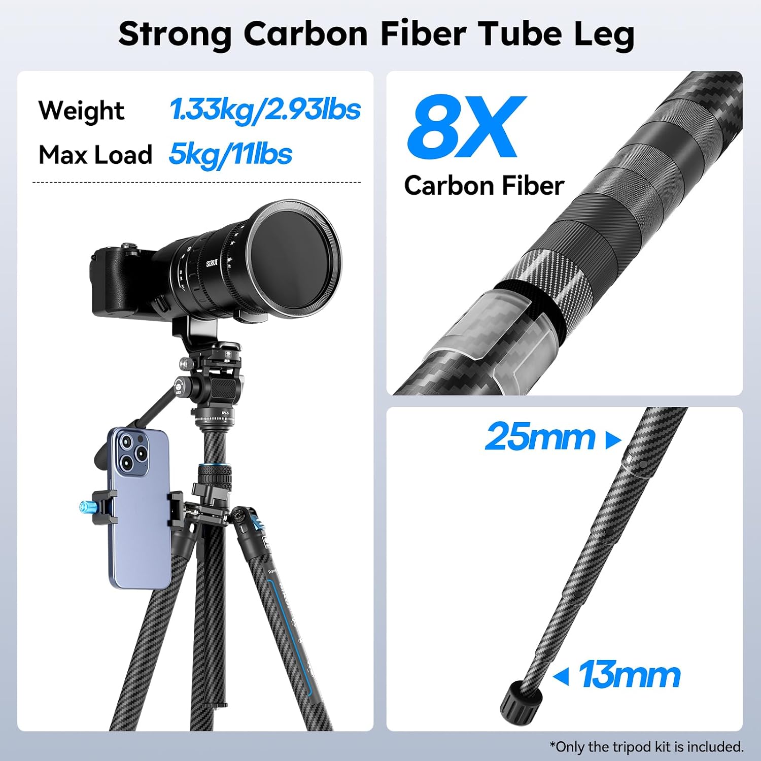 Traveler Air-T Carbon Fiber Travel Video Tripod, KV-5 Fluid Head, 61" | 1.33kg Lightweight, 360° Pan, -80° To 90°