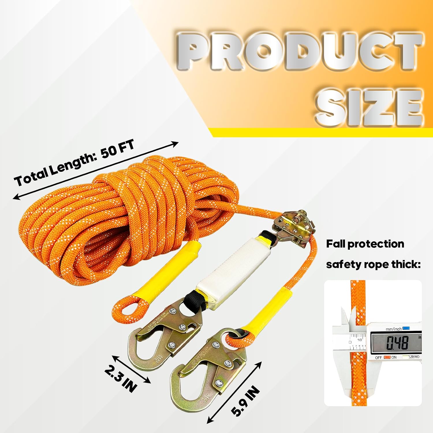 Fall Protection Safety Rope 50FT Heavy Duty Vertical Roofing Ropes with Alloy Steel Grab Snap Hooks Shock Absorber