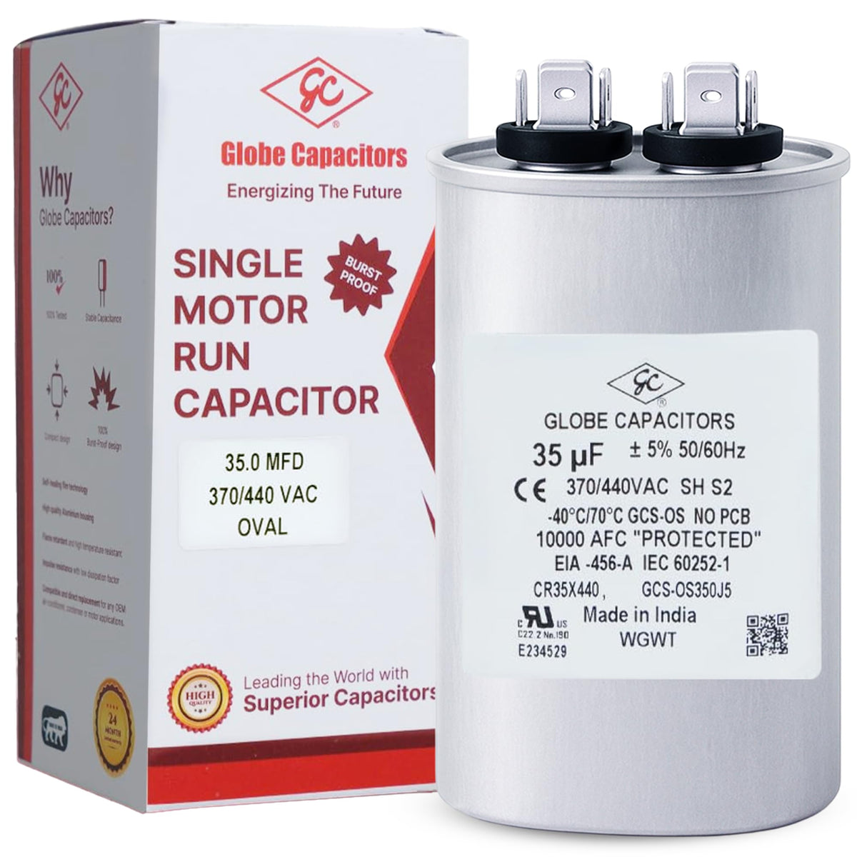 Globe Capacitor, Oval Run Start, 35MFD CBB65 Single Element, 370V/440V