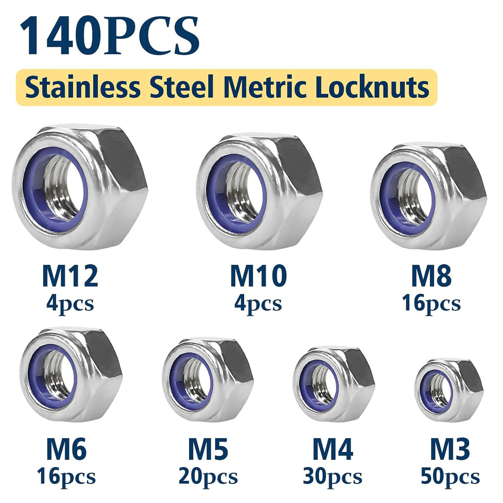 Metric Lock Nut Assortment Kit,140Pcs Stainless M3-M12 Locking Nuts