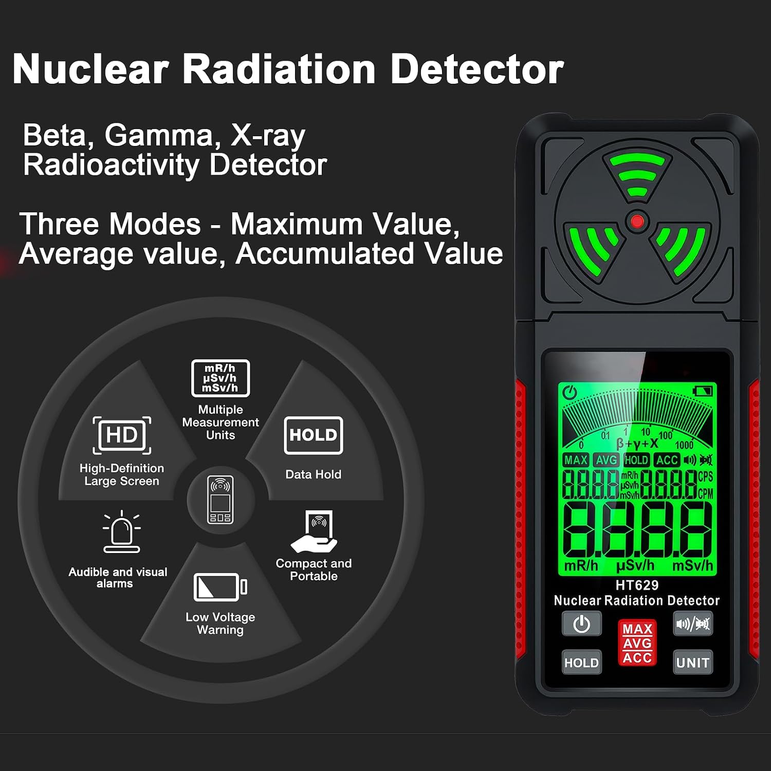 Geiger Counter Intendvision Nuclear Radiation Detector - Portable Radiation Dosimeter Tester Beta Gamma X-ray