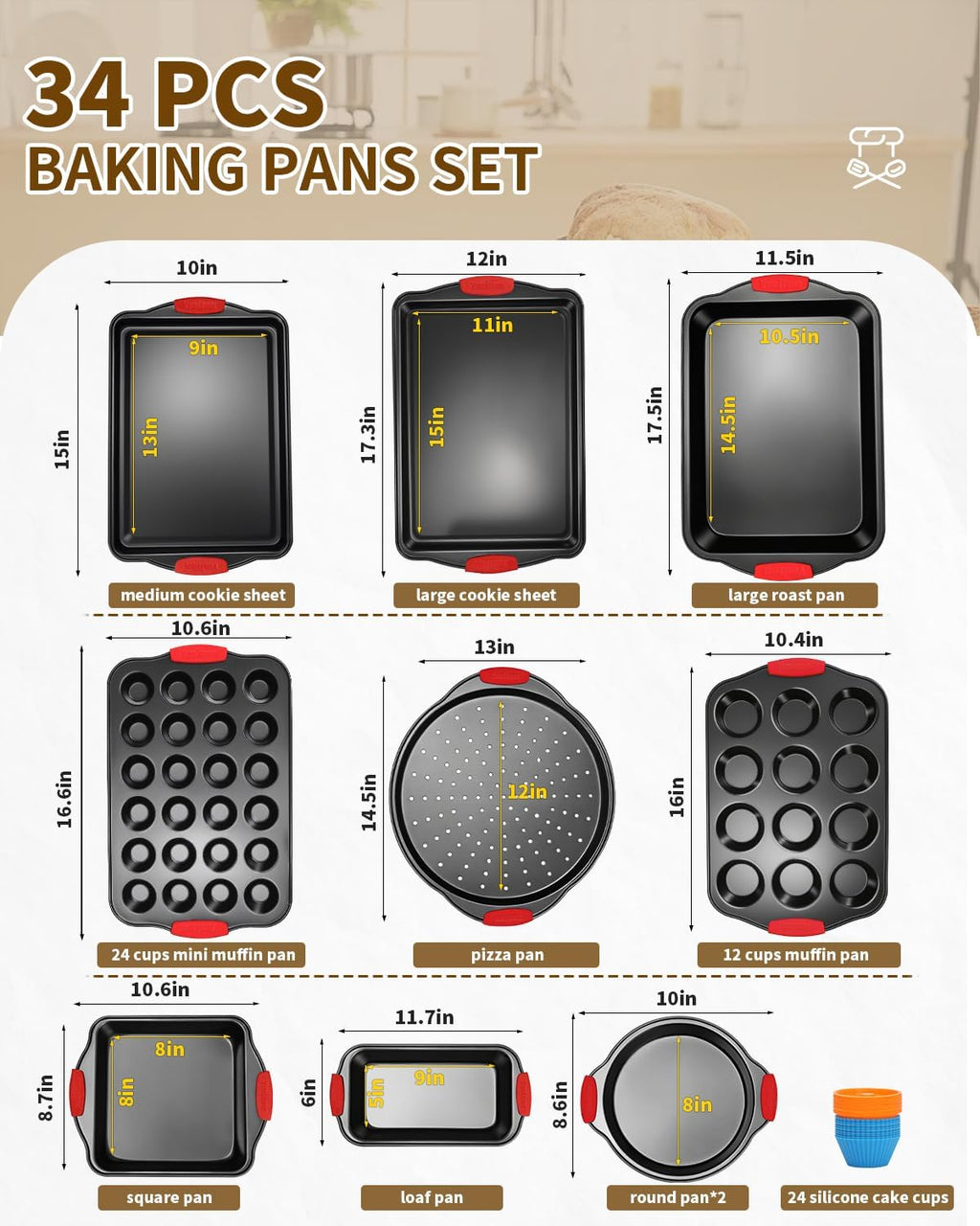 Baking Pans Set with Silicone Handles, 34 PCS Nonstick Bakeware Sets, Oven Pan Set Includes Baking Tray, Cookie
