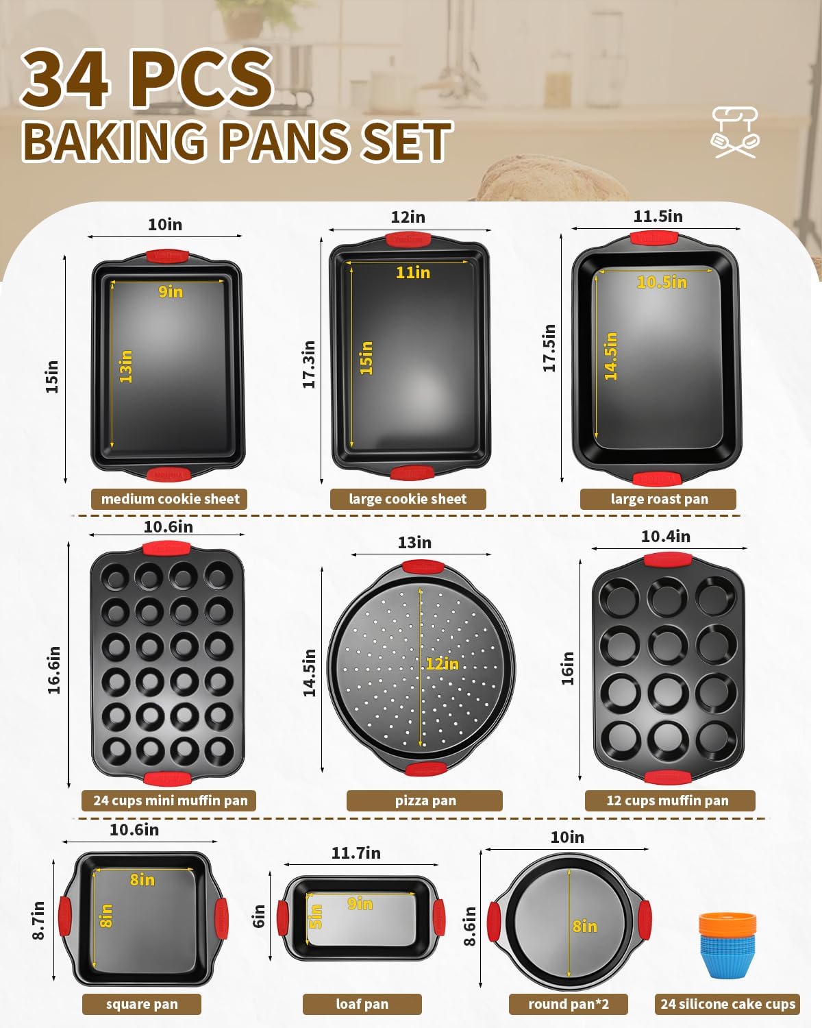 Baking Pans Set with Silicone Handles, 34 PCS Nonstick Bakeware Sets, Oven Pan Set Includes Baking Tray, Cookie