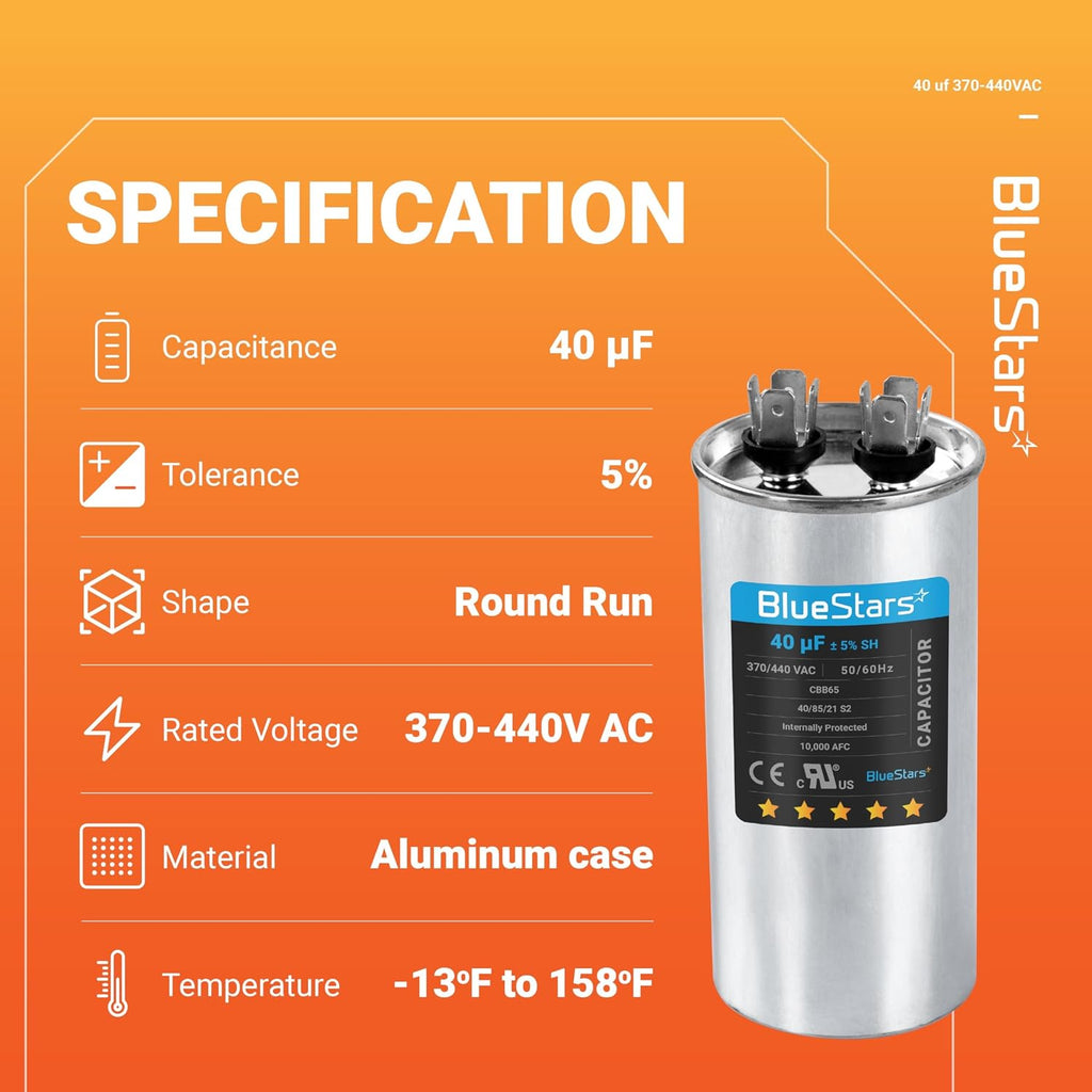 [2026 Upgraded] BlueStars 40uf 370-440VAC Capacitor