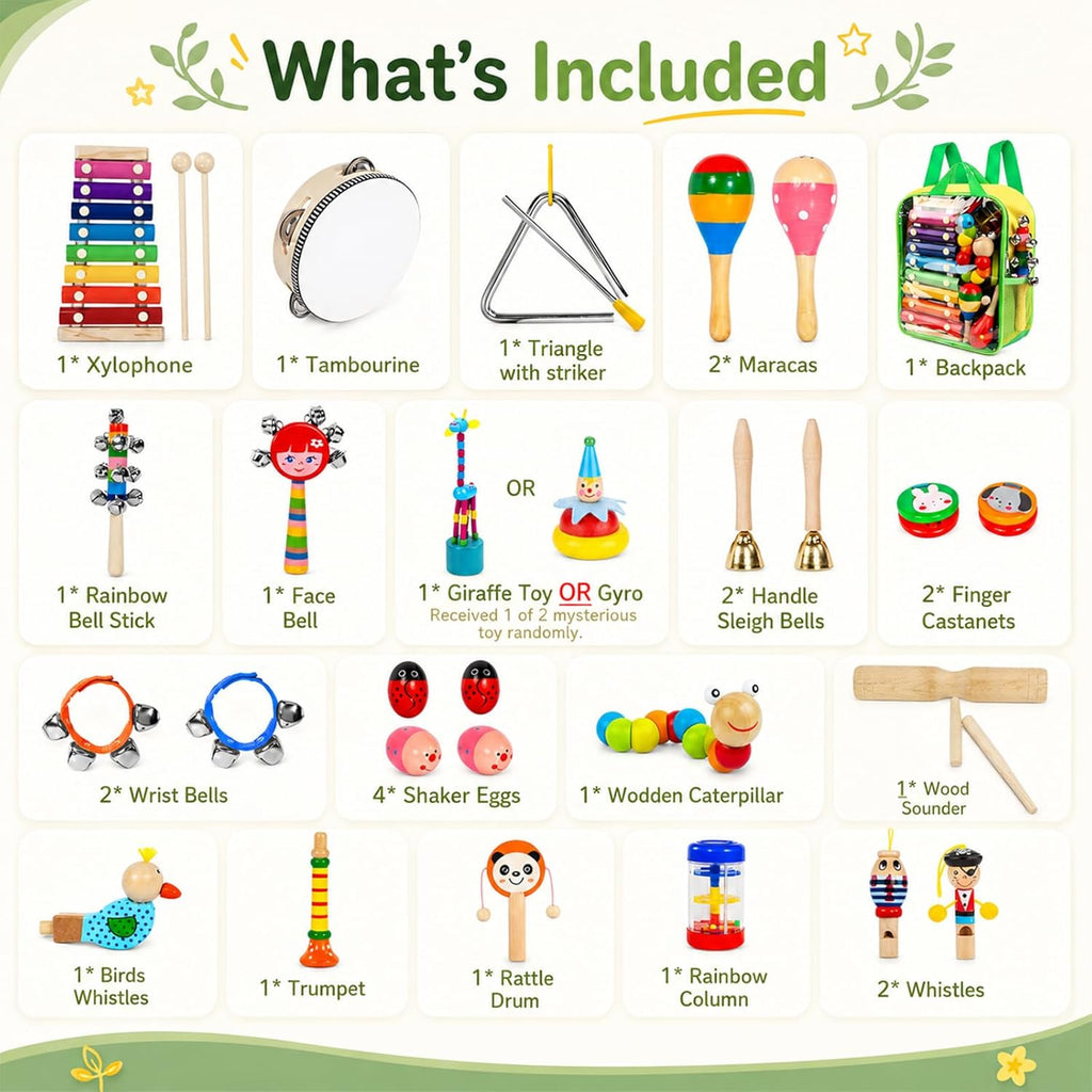 Kids Musical Instruments, 33Pcs 18 Types Wooden Percussion Instruments Tambourine Xylophone Toys for Kids Children
