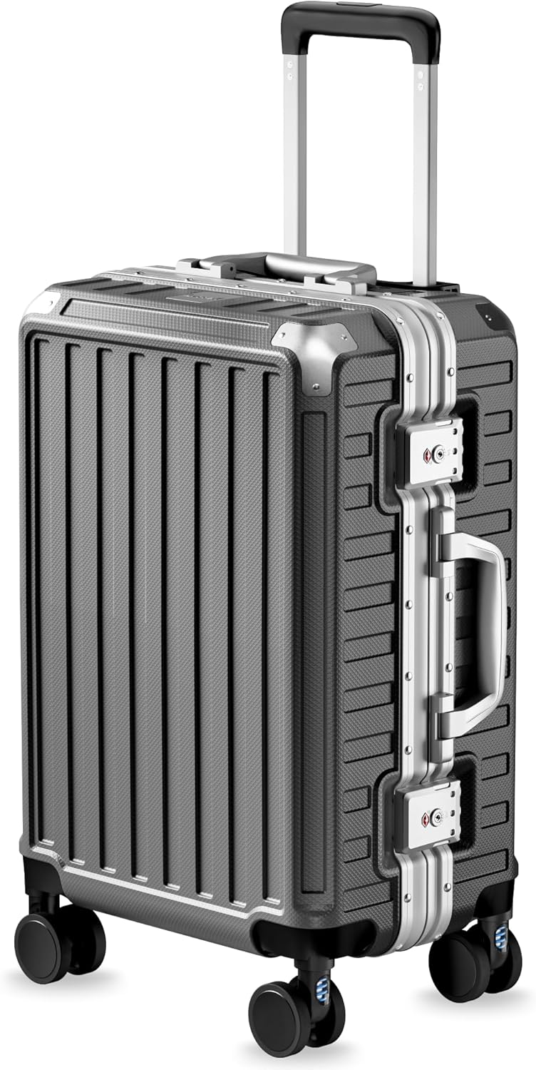 Carry On Luggage with Spinner Wheels, 8010S Aluminum Frame Zipperless Polycarbonate Hard Shell Suitcase (ZX-Core