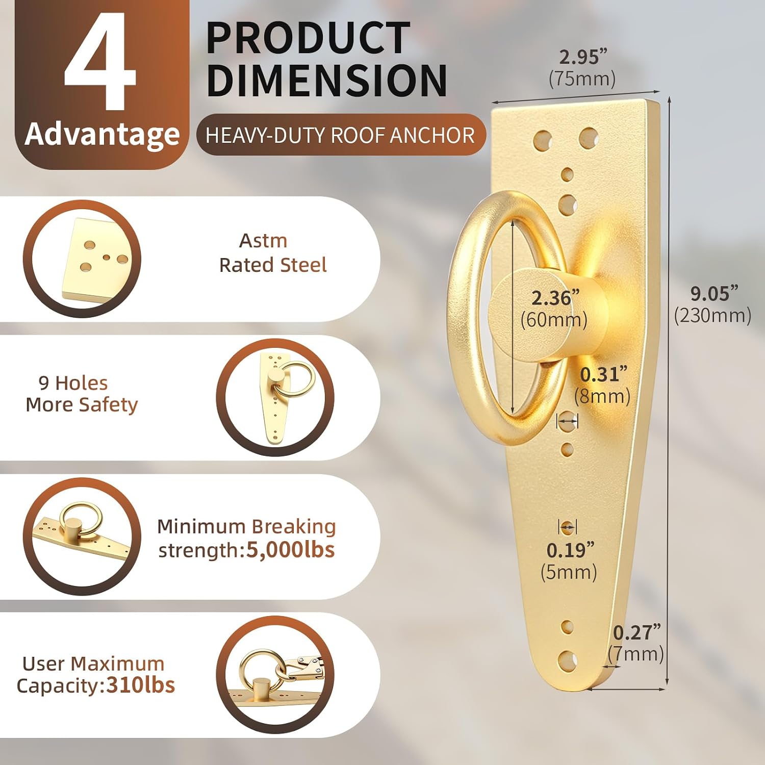 Reusable Roof Anchor for Fall Protection, Gold-Plated Steel