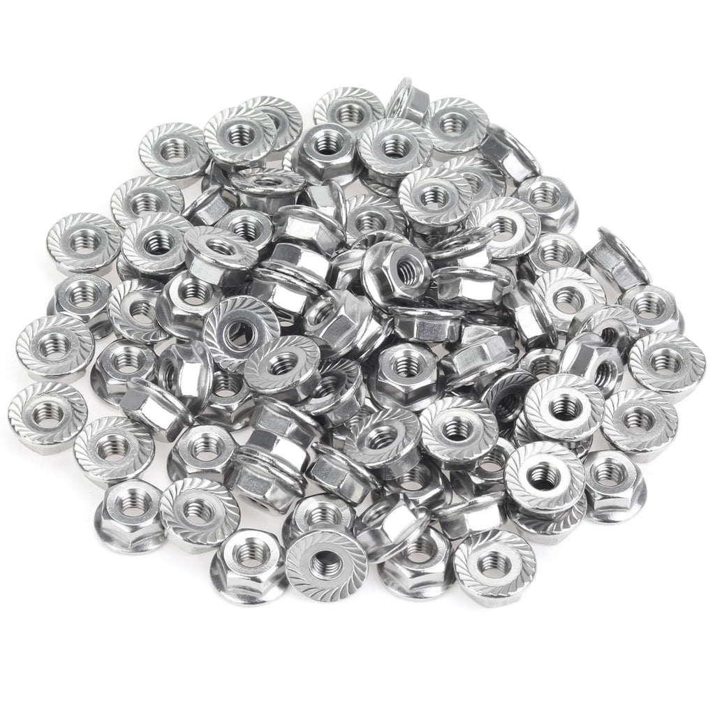 HELIFOUNER 100 Pieces #8-32 Flange Nuts, Serrated Flange Hex Lock Nuts Assortment Kit, 304 Stainless Steel (18-8), Bright Finish, Coarse Thread