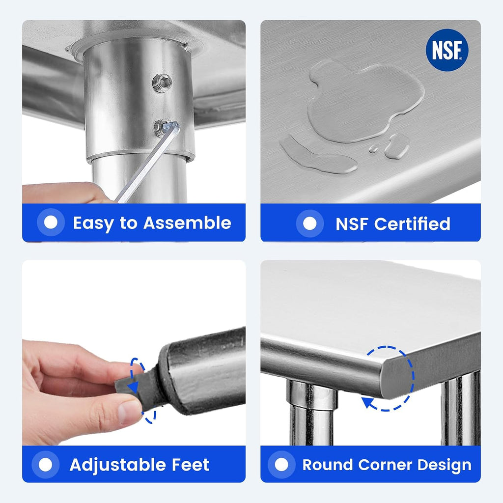 Hally Stainless Steel Table for Prep & Work 18 x 48 Inches NSF Commercial