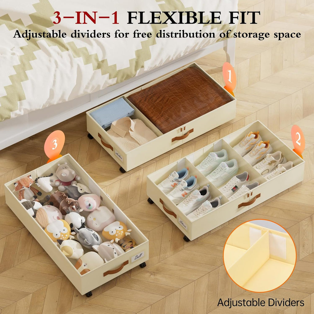 Under Bed Storage with Wheels, 2 Pack Under Bed Storage Containers with Adjustable Dividers & Clear Lid, Rolling