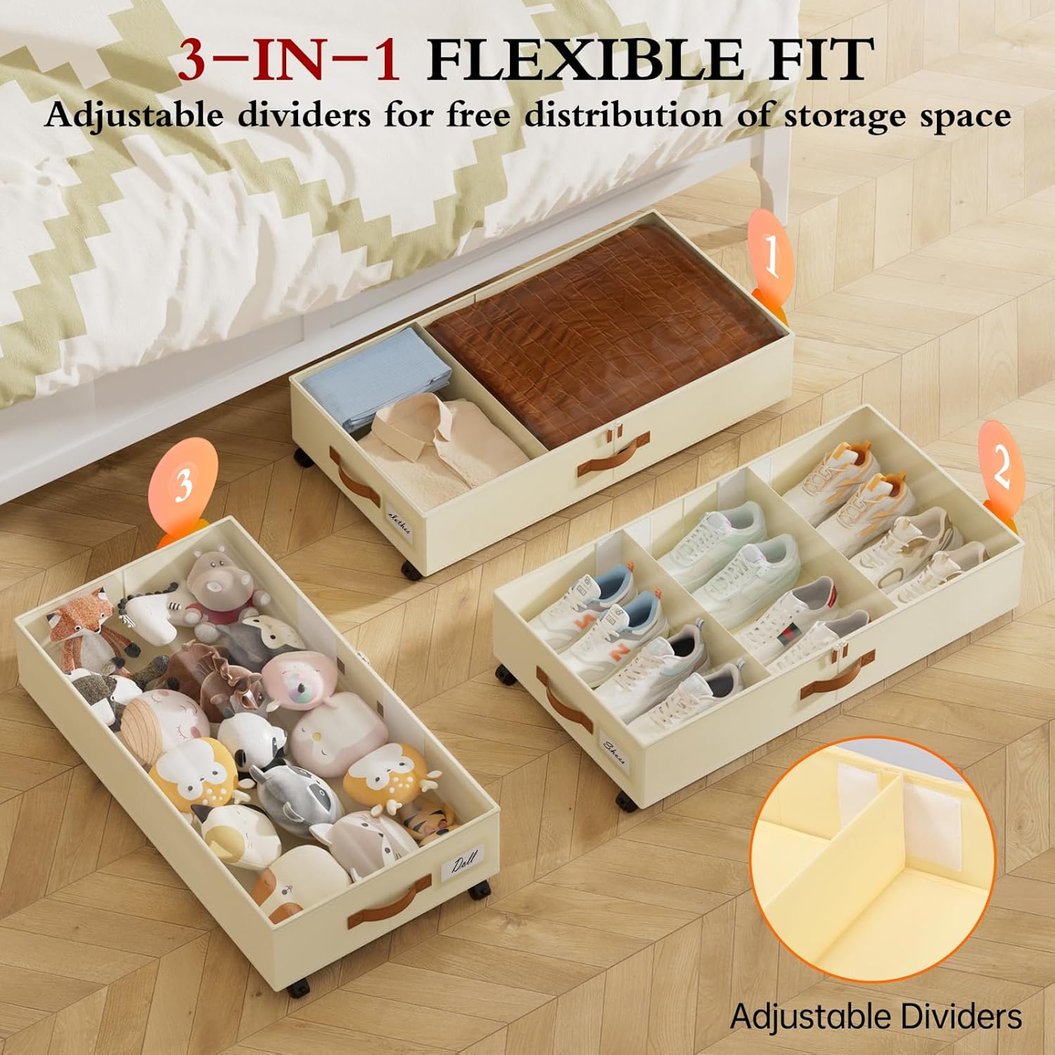 Under Bed Storage with Wheels, 2 Pack Under Bed Storage Containers with Adjustable Dividers & Clear Lid, Rolling
