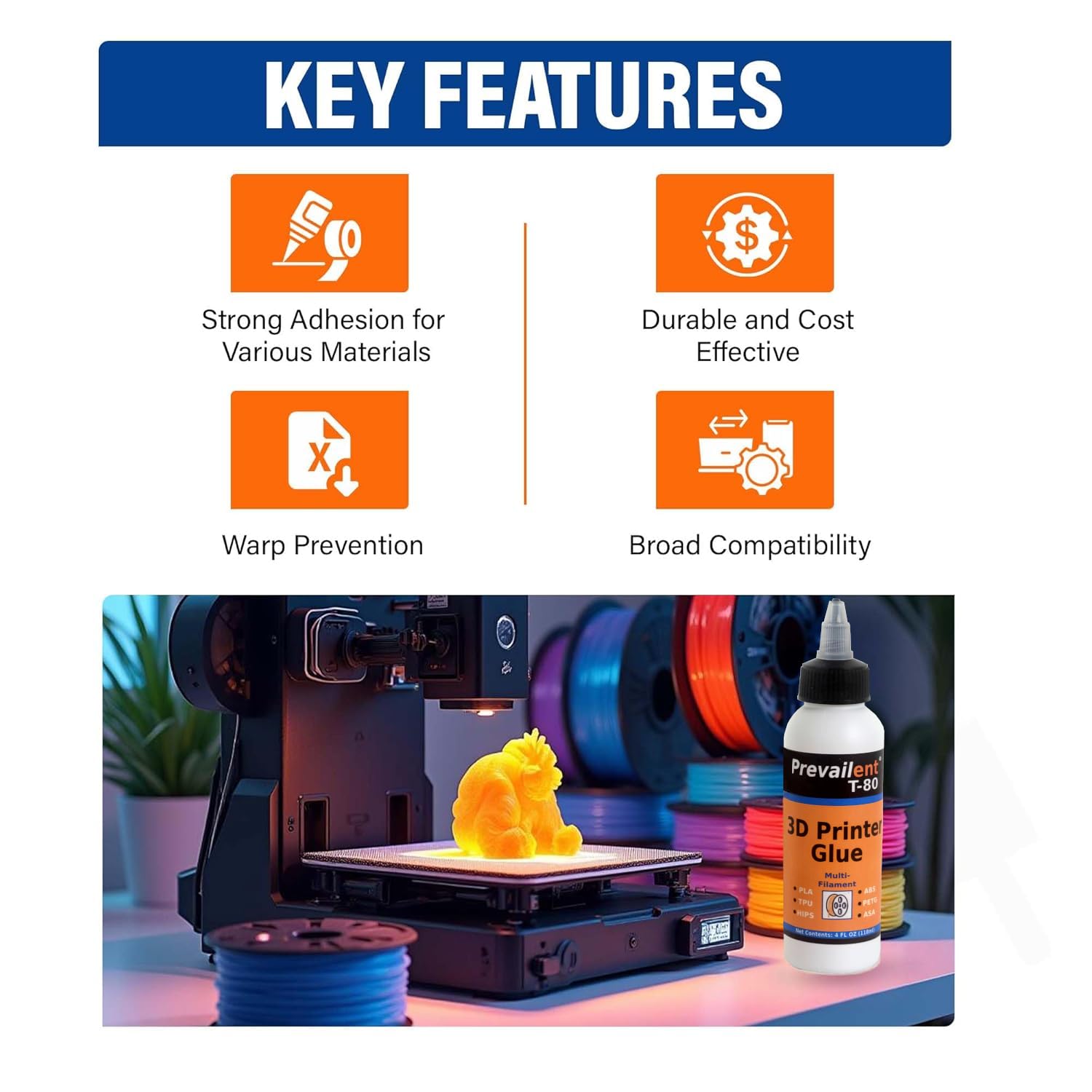 3D Printer Bed Adhesive Prevailent T-80-4 fl oz (118ml) | PLA, PETG, ABS, TPU & More, Bed Glue for Multiple Build