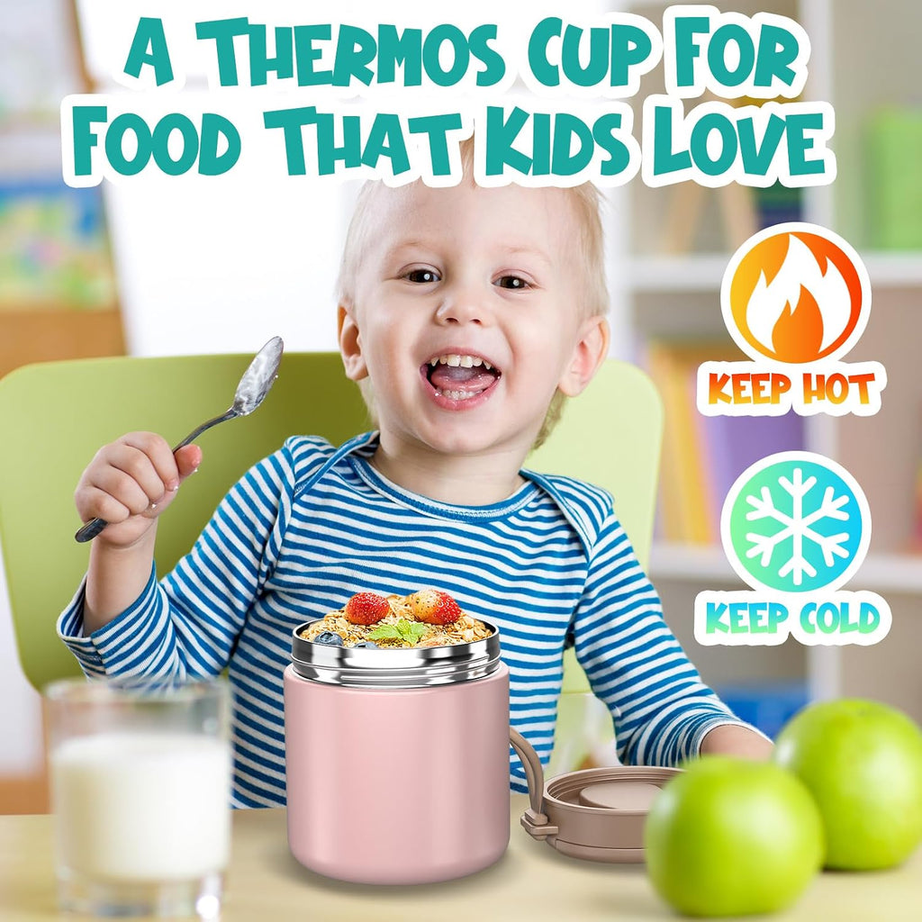 Thermo for Hot Food Kids - 15.2oz with Folding Spoon and Silicone handle | Leak Proof Insulated Food Jar, Soup