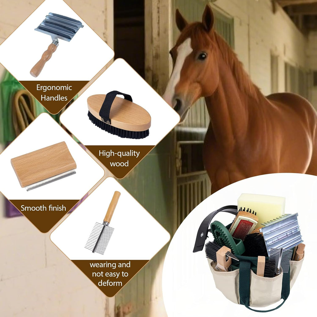 13-Piece Horse Grooming kit for Daily Care,Complete Horse Supplies Set with Wood Brushes, Tack Essentials, Curry