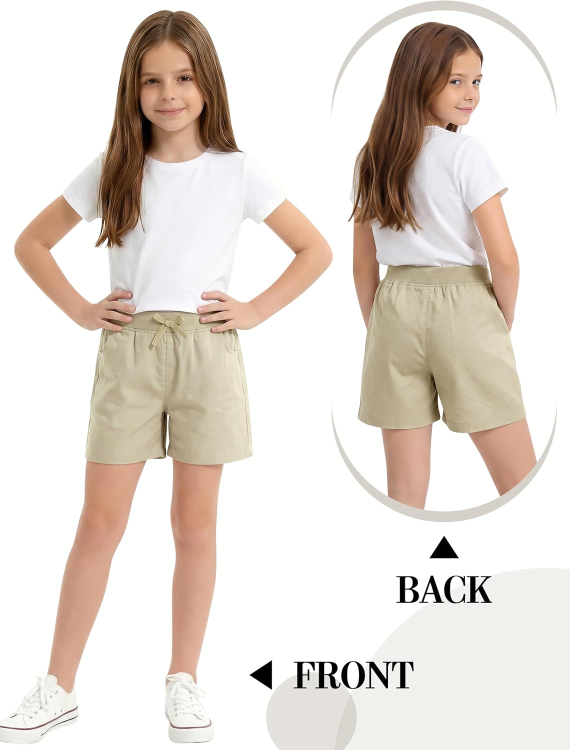 3 Pack Girls School Uniform Bermuda Shorts Pull-on Chino Elastic Waist Summer Soft Play Shorts with Pockets 5-13Y