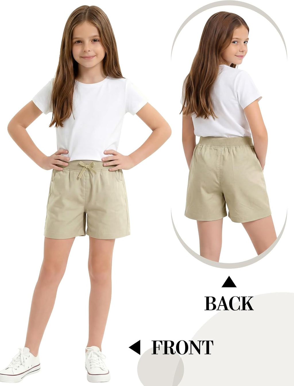 3 Pack Girls School Uniform Bermuda Shorts Pull-on Chino Elastic Waist Summer Soft Play Shorts with Pockets 5-13Y