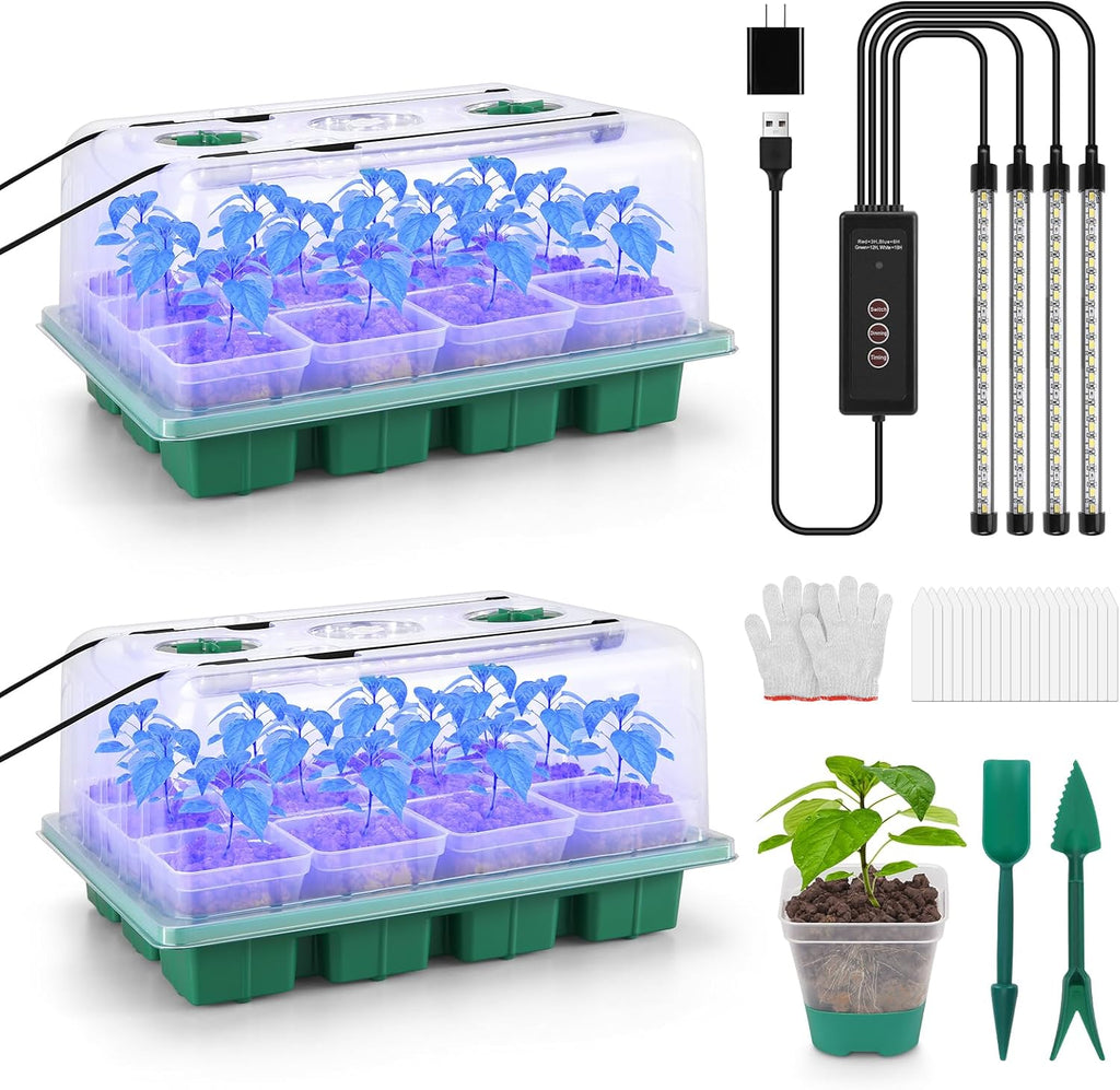 Seed Starter Tray with Grow Light, 24 Pack Large Clear Nursery Pots | 2.9" Deep Seedling Trays, Reusable Plant