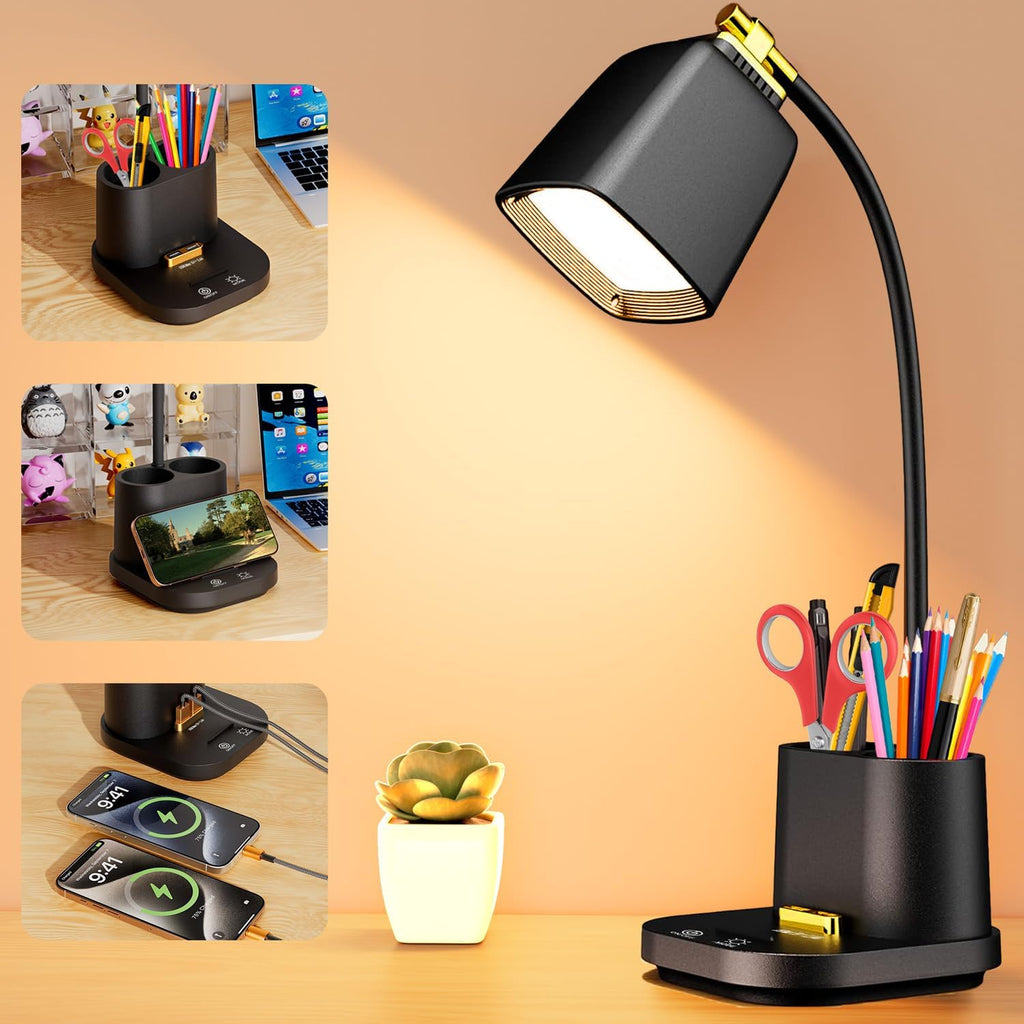 LED Desk Lamp with 2 USB Ports, Storage Box, Small Table Lamp for Home Office, Bedroom, College Dorm Room, Gooseneck