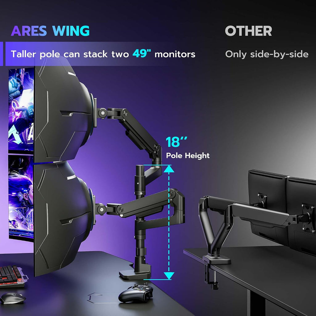 Dual Monitor Arm Desk Mount for 17-49 Inch Monitors Holds 44 lbs, Black | Heavy Duty Monitor Mount Stacked Monitor