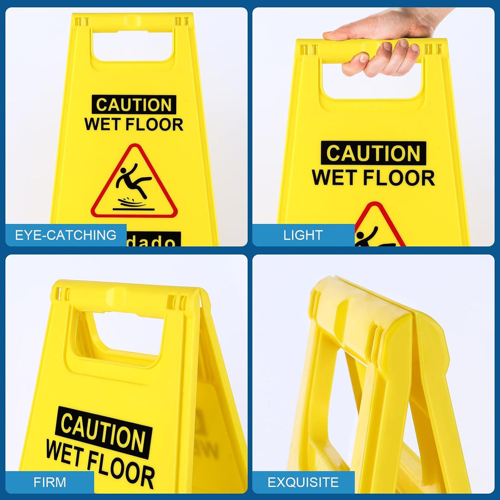 6-Pack Caution Wet Floor Sign,17.5" Height,Bright Yellow Double-Sided Folding A-Shaped Frame Design, Bilingual