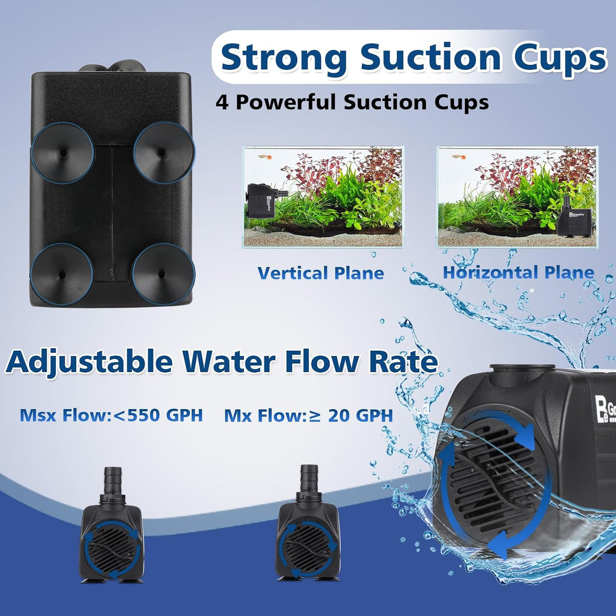 550GPH Submersible Water Pump(2000L/H 30W), Adjustable Ultra Quiet Fountain Pump with 4 Nozzles 7.2ft High Lift for
