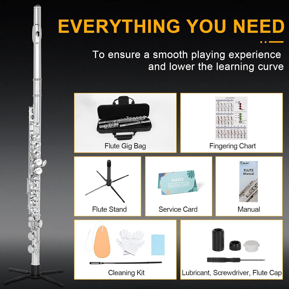 Closed Hole C Flute, Responsive Flute Instrument, Durable Flutes Set | with Gig Bag, Collapsible Stand, Beginner's