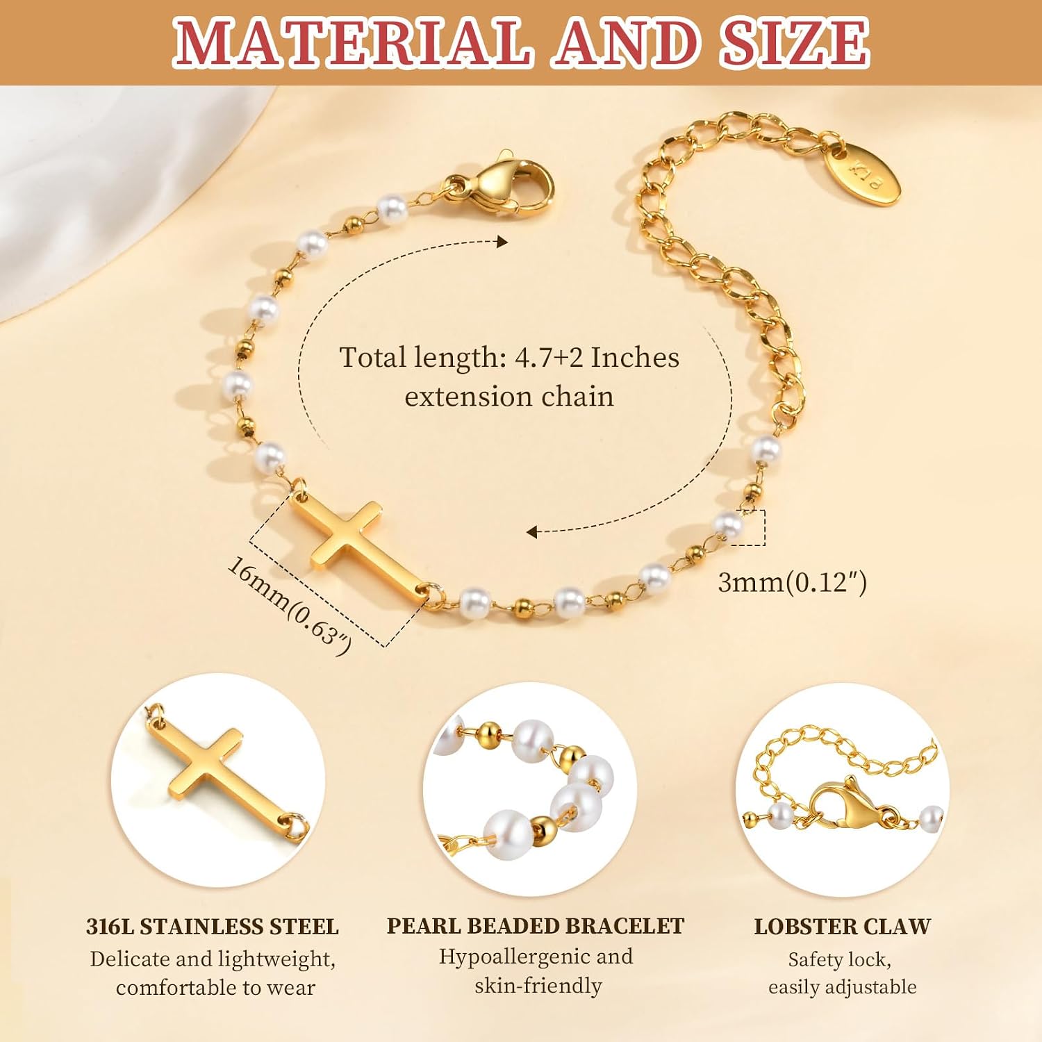 Baby Baptism Cross Bracelet Gift : 18k Gold Plated/Silver Delicate Pearl Cross Bracelets Kids Daughter Granddaughter