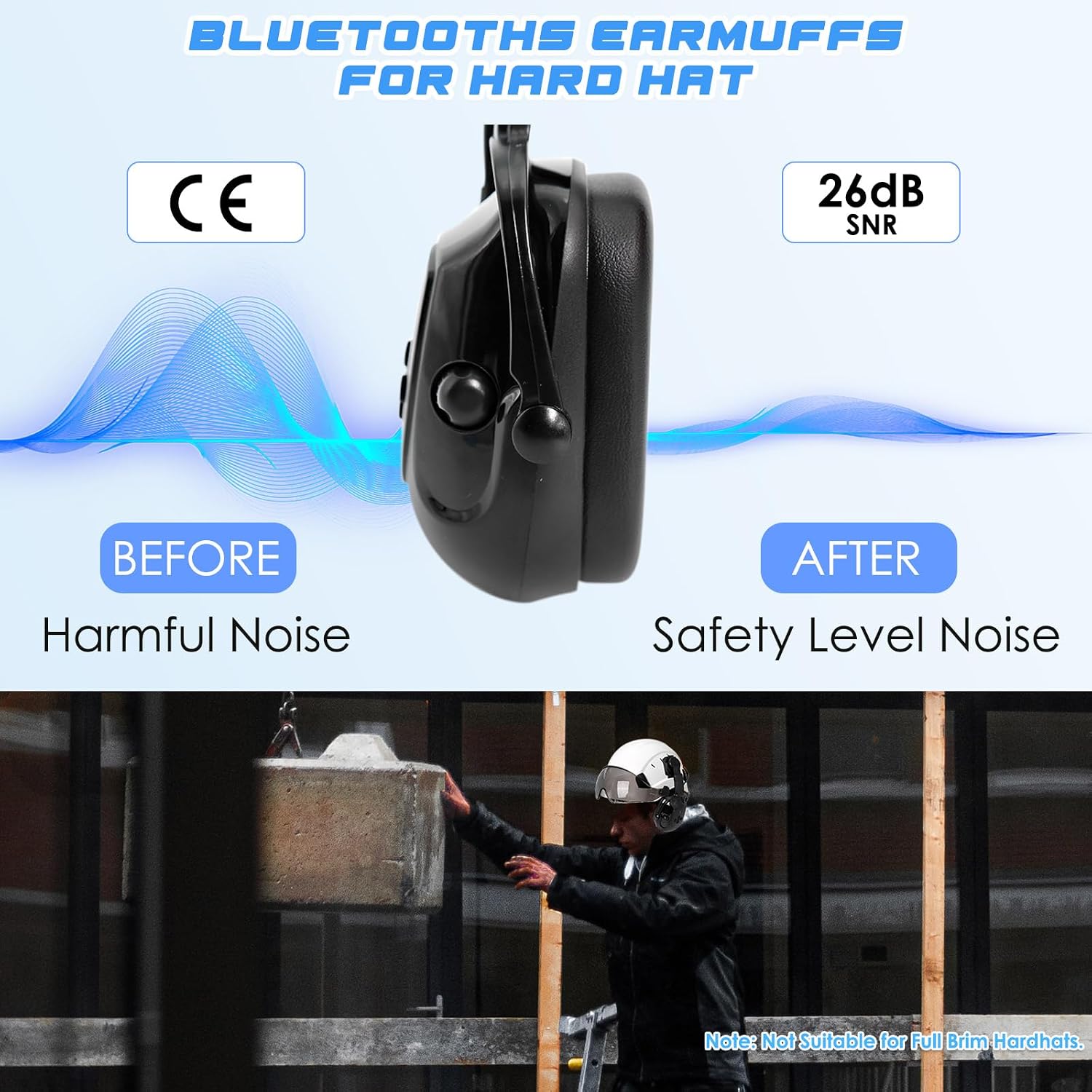 Bluetooth Hard Hat Ear Muffs - NRR 26db Noise-Cancelling Hardhats Earmuffs for Calls,Music,Hearing Protection (Not