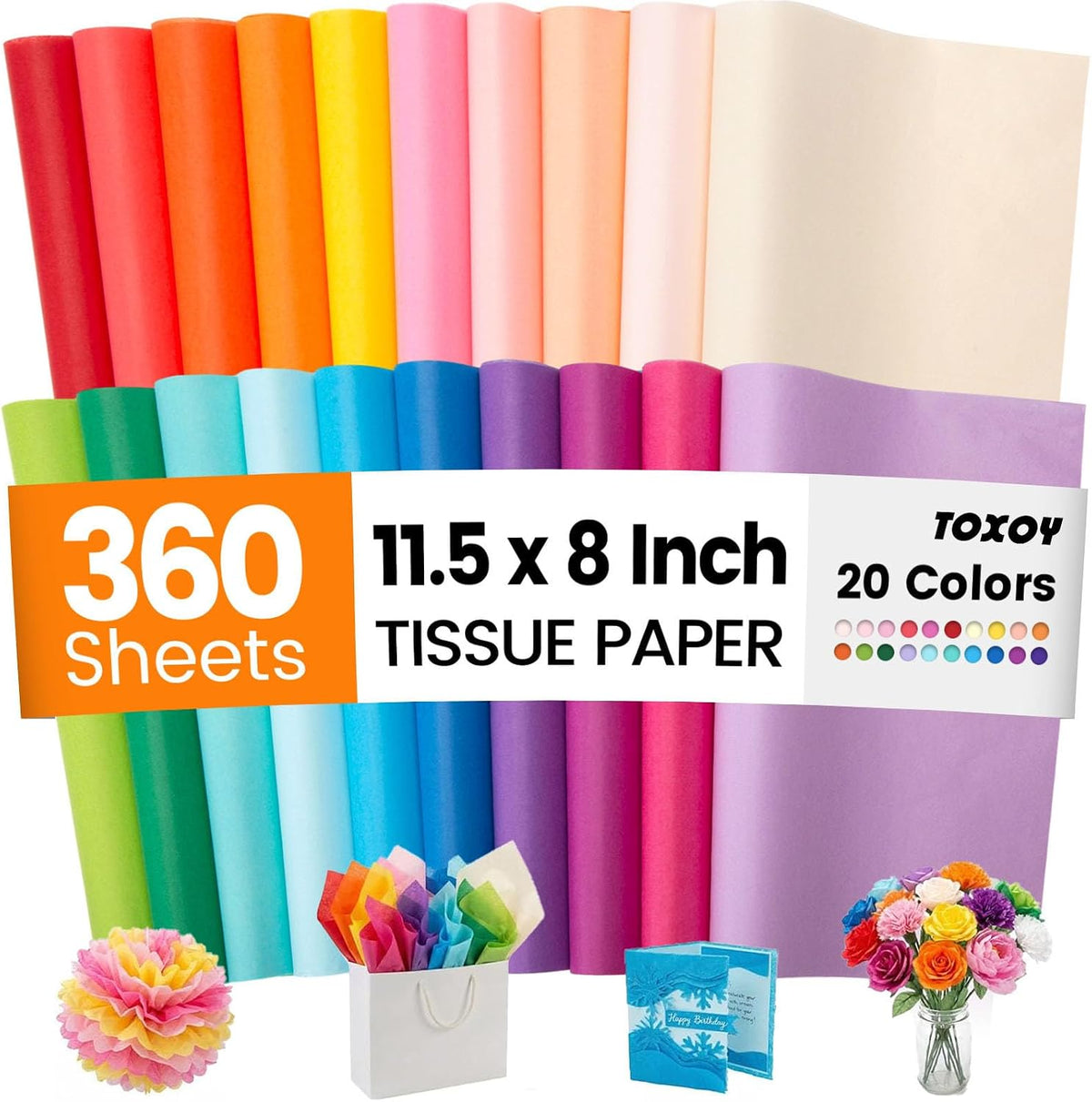 360 Sheets Tissue Paper, 20 Colors, 11.5 X 8 inch