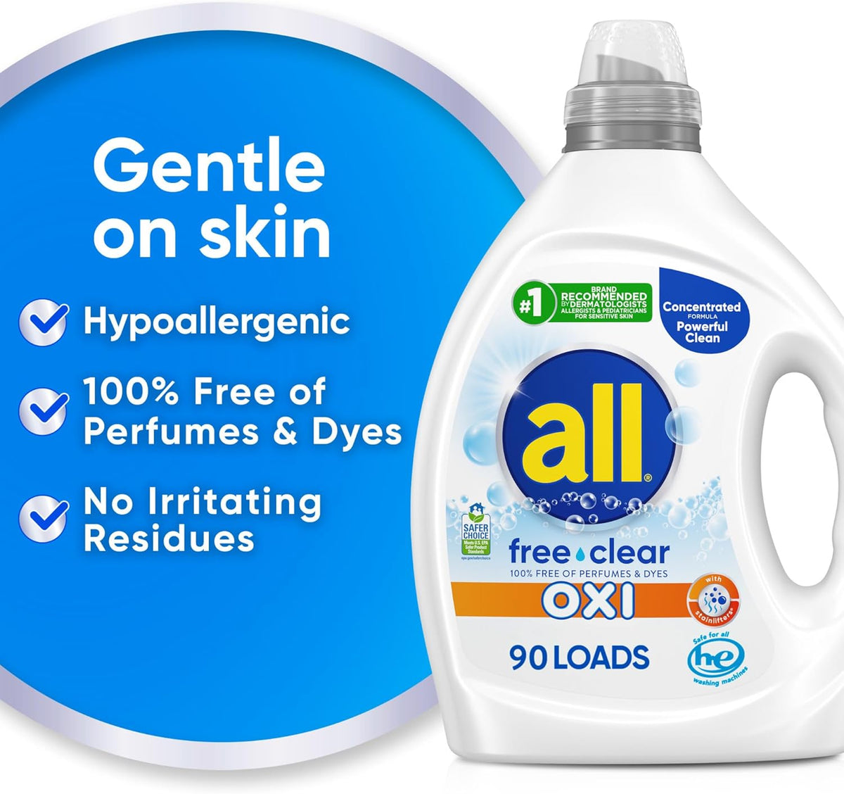 Liquid Laundry Detergent for Sensitive Skin, 2X Concentrated, 90 Loads