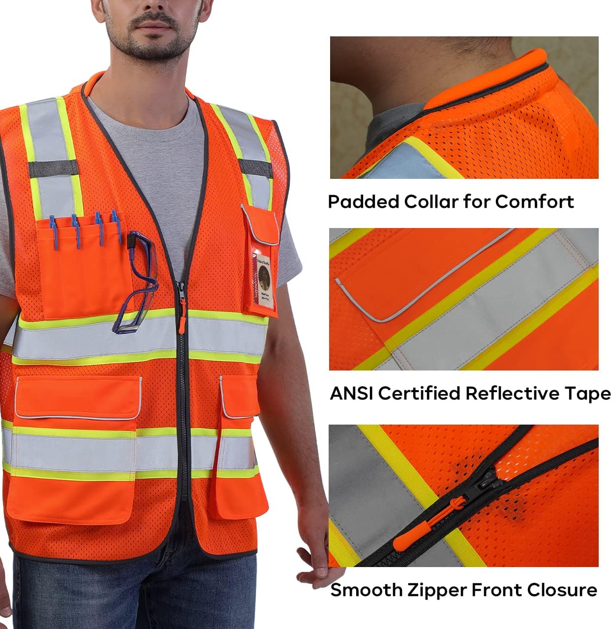 Hi Vis Reflective Safety Vest for Men Women Orange Mesh/Yellow XL | High Visibility Construction Work Vest with