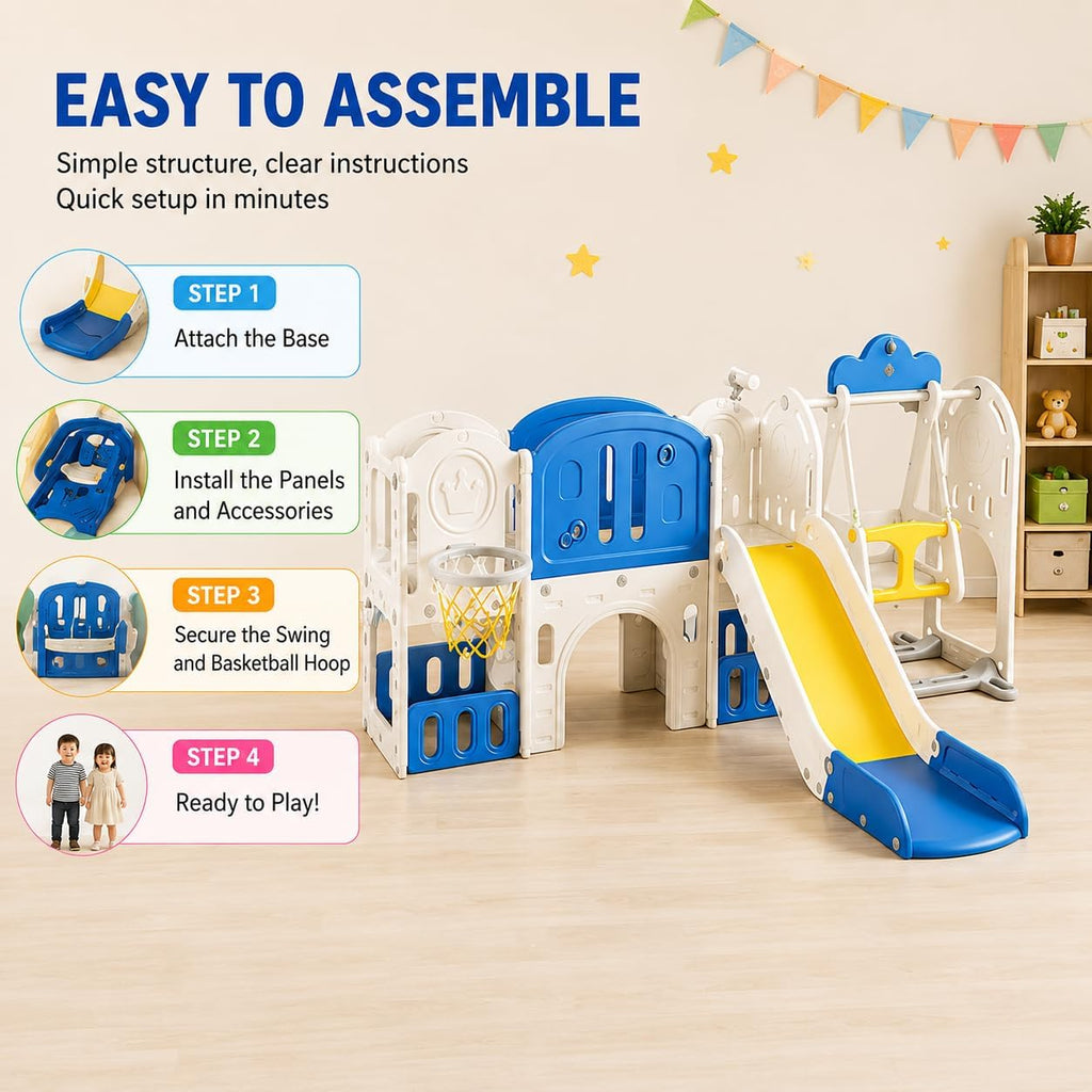 Toddler Slide Playset, 11 in 1 Indoor Outdoor Playground with Swing, Basketball Hoop, Climber, Telescope, for Kids