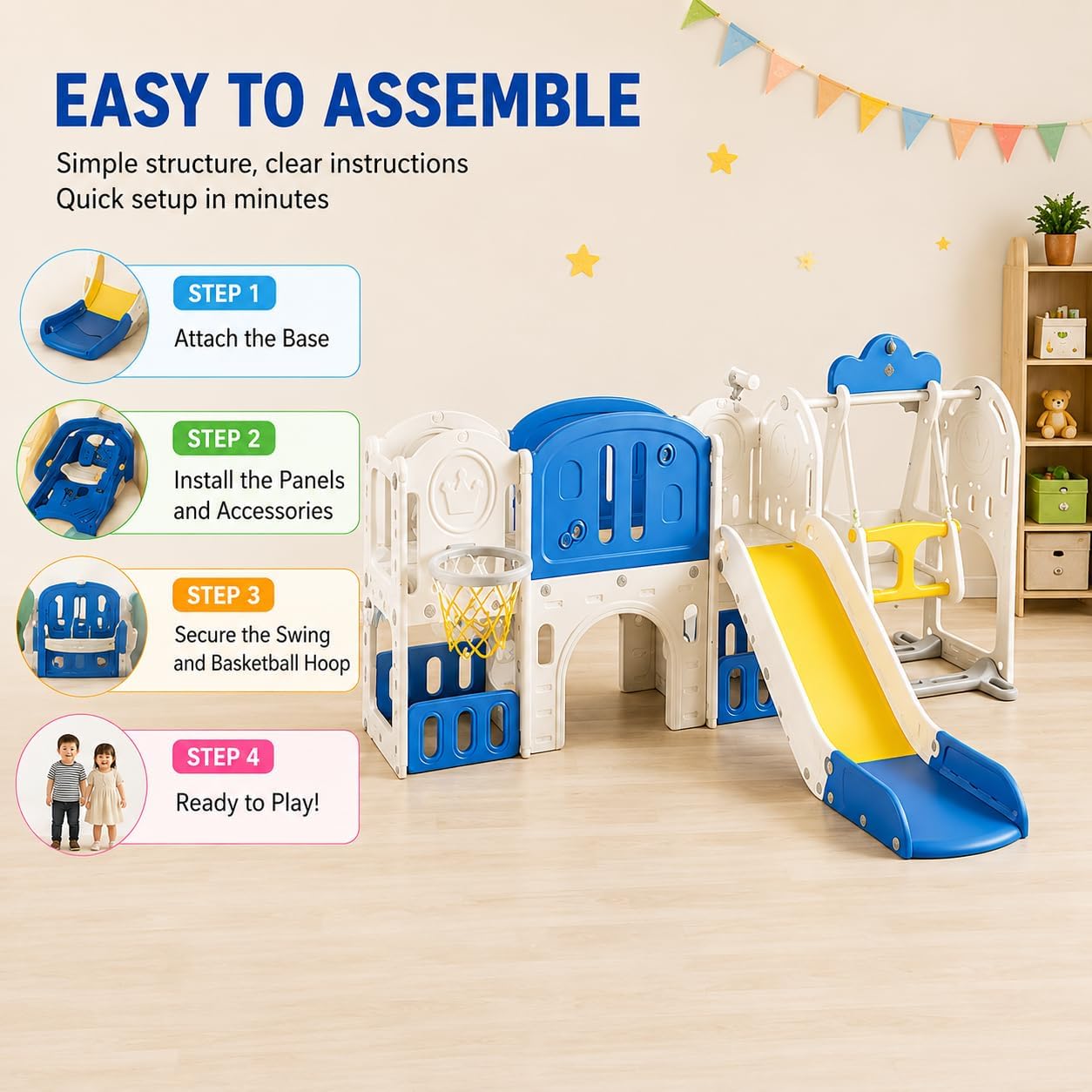 Toddler Slide Playset, 11 in 1 Indoor Outdoor Playground with Swing, Basketball Hoop, Climber, Telescope, for Kids