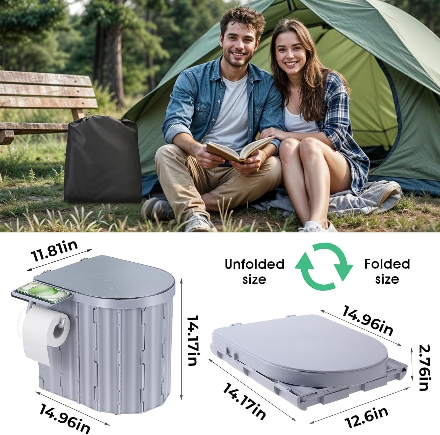 Camping Toilet, Portable Toilet for Adults, Portable Travel Folding Toilet with Lid and Paper Holder, Compact Potty