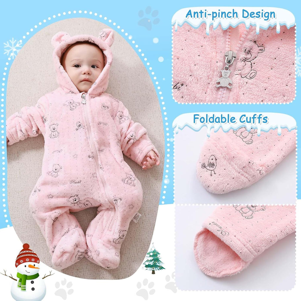 Newborn Baby Bear Suit Thin Fleece Footie Romper Snowsuit Hooded Jumpsuit Bodysuit Winter Clothes Boy Girl 0-12M