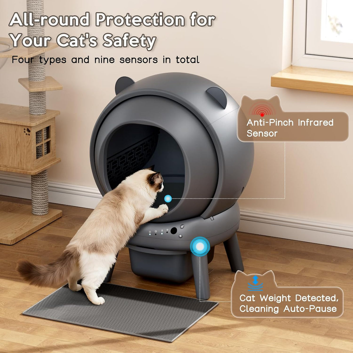 Self Cleaning Litter Box, Dual Safety Sensors, App Control, Gray