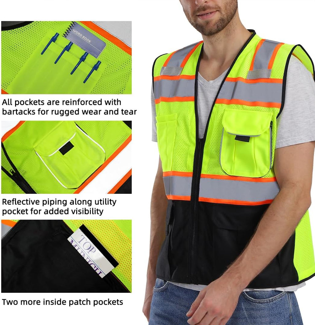 Reflective Safety Vest with Pockets Zipper, Yellow and Black L | Made with 3M Reflective Tape, ANSI Class 2 Compliant