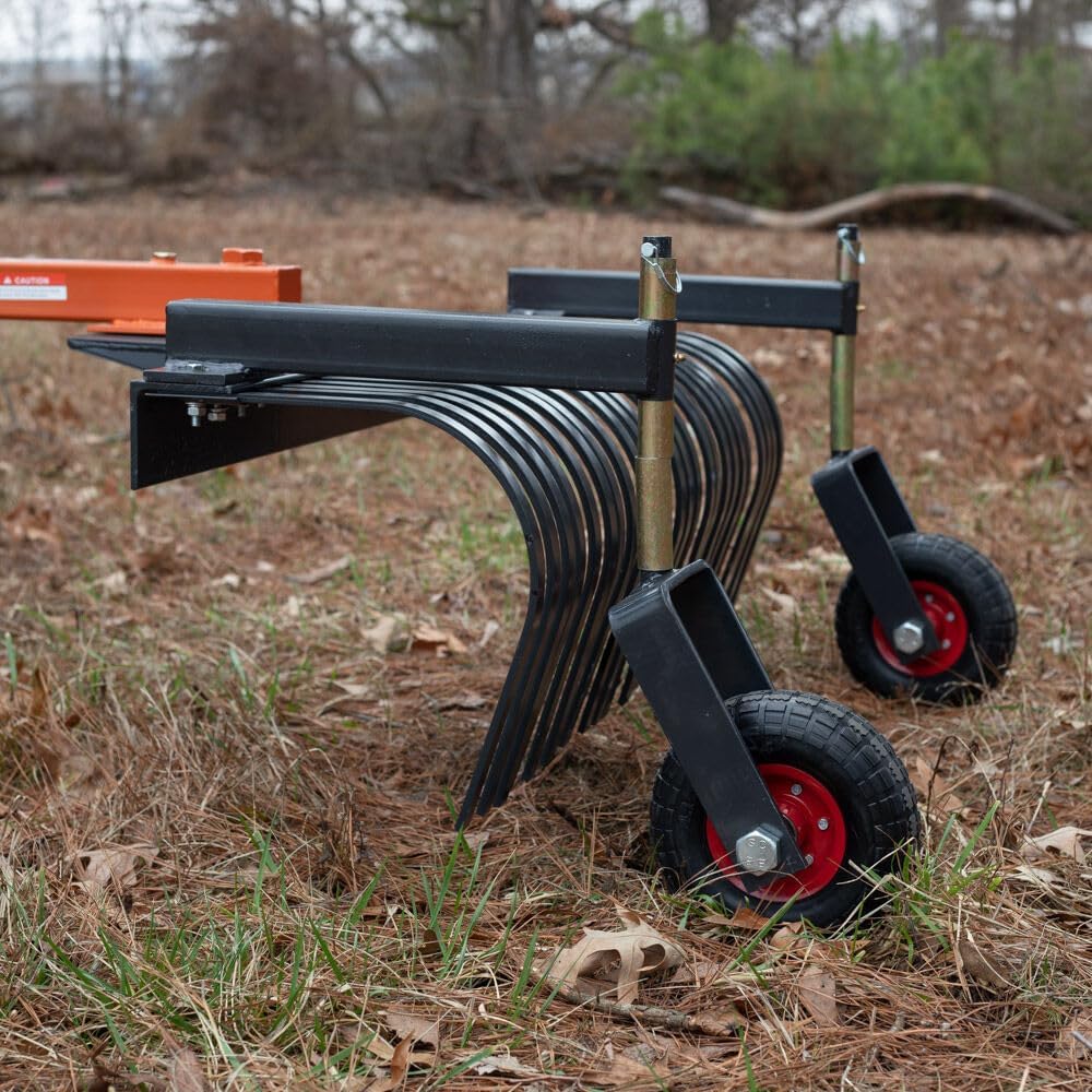 3 Point 6 FT Landscape Rake with Bolt-On Wheels for Compact Tractors, Fits Category 1 Hookup, Tow-Behind Garden Tool