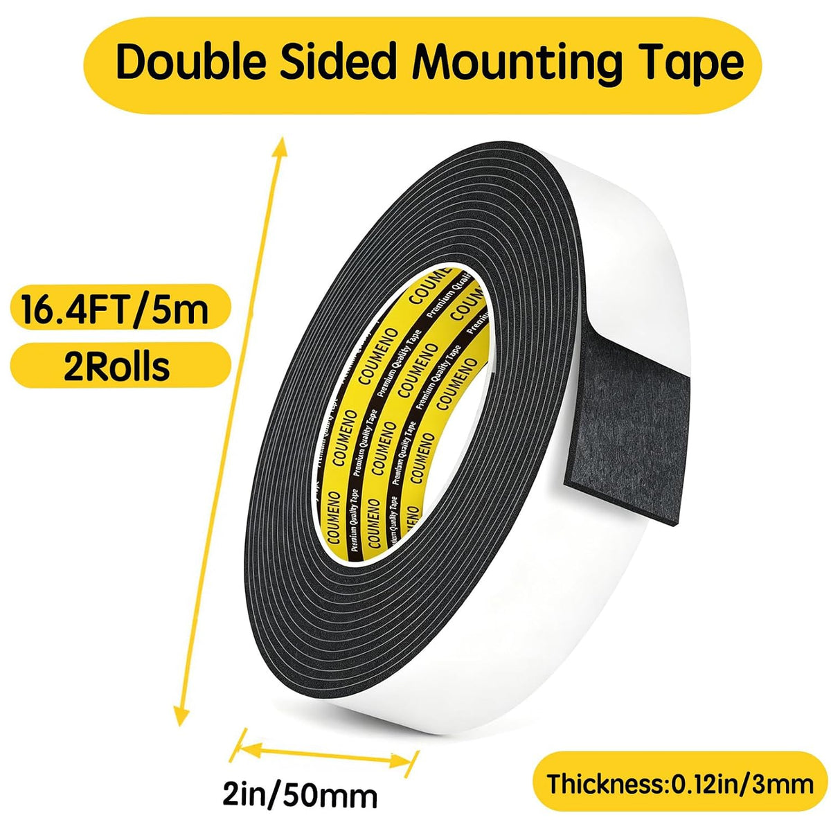 Heavy Duty Double Sided Tape,Black Foam Tape,2 Pack 2 in X 16.4 ft