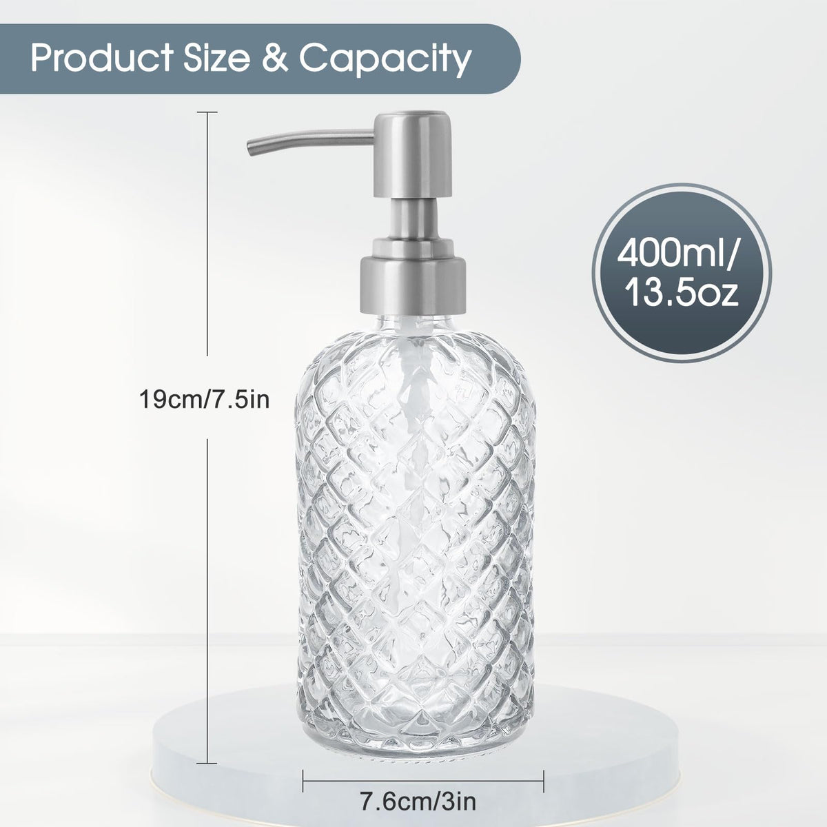 Gem-Patterned Glass Soap Dispenser with Rust Proof Stainless Steel Pump-13 oz Liquid Hand Soap Dispenser for Kitchen