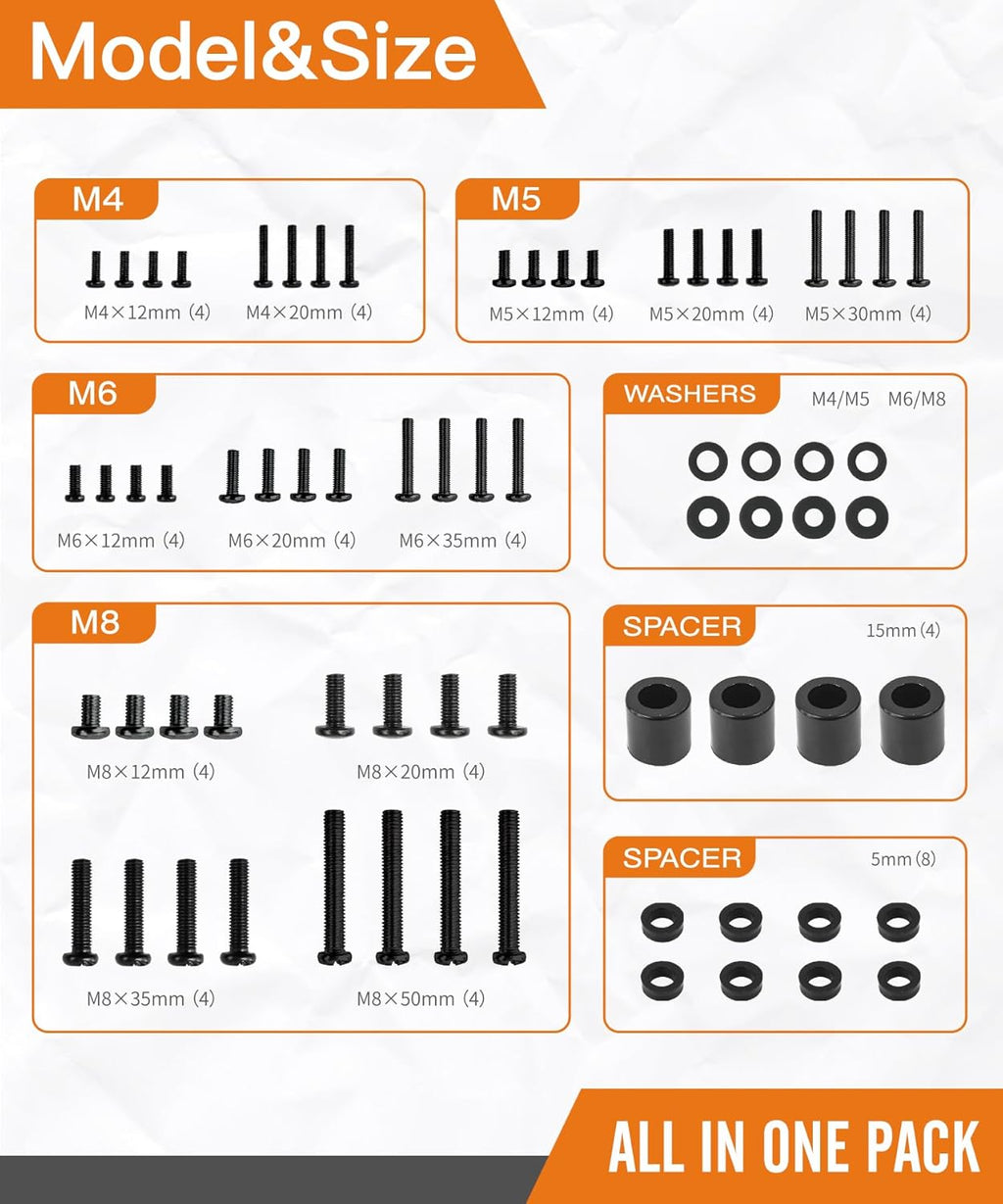 Universal TV Mounting Hardware Screw Kit Set with Box - M4 M5 M6 M8 Screws and Washers Spacers, Replacement Screws