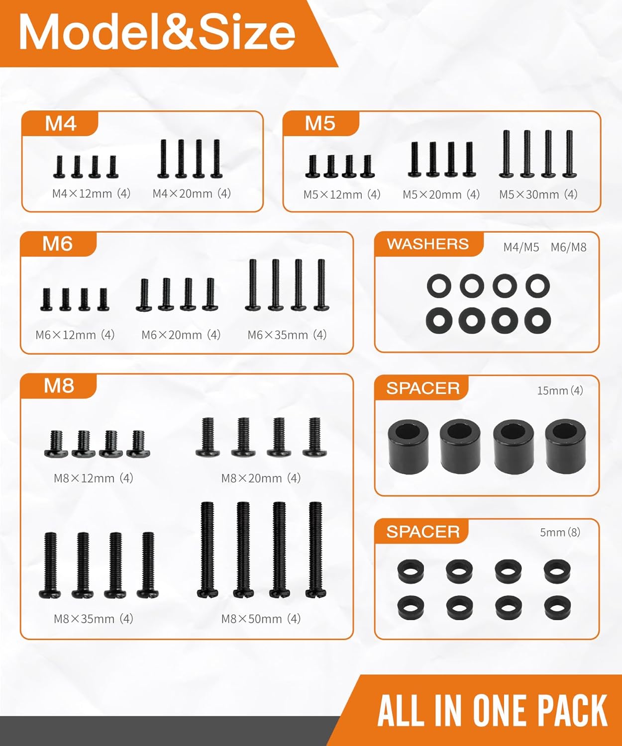 Universal TV Mounting Hardware Screw Kit Set with Box - M4 M5 M6 M8 Screws and Washers Spacers, Replacement Screws