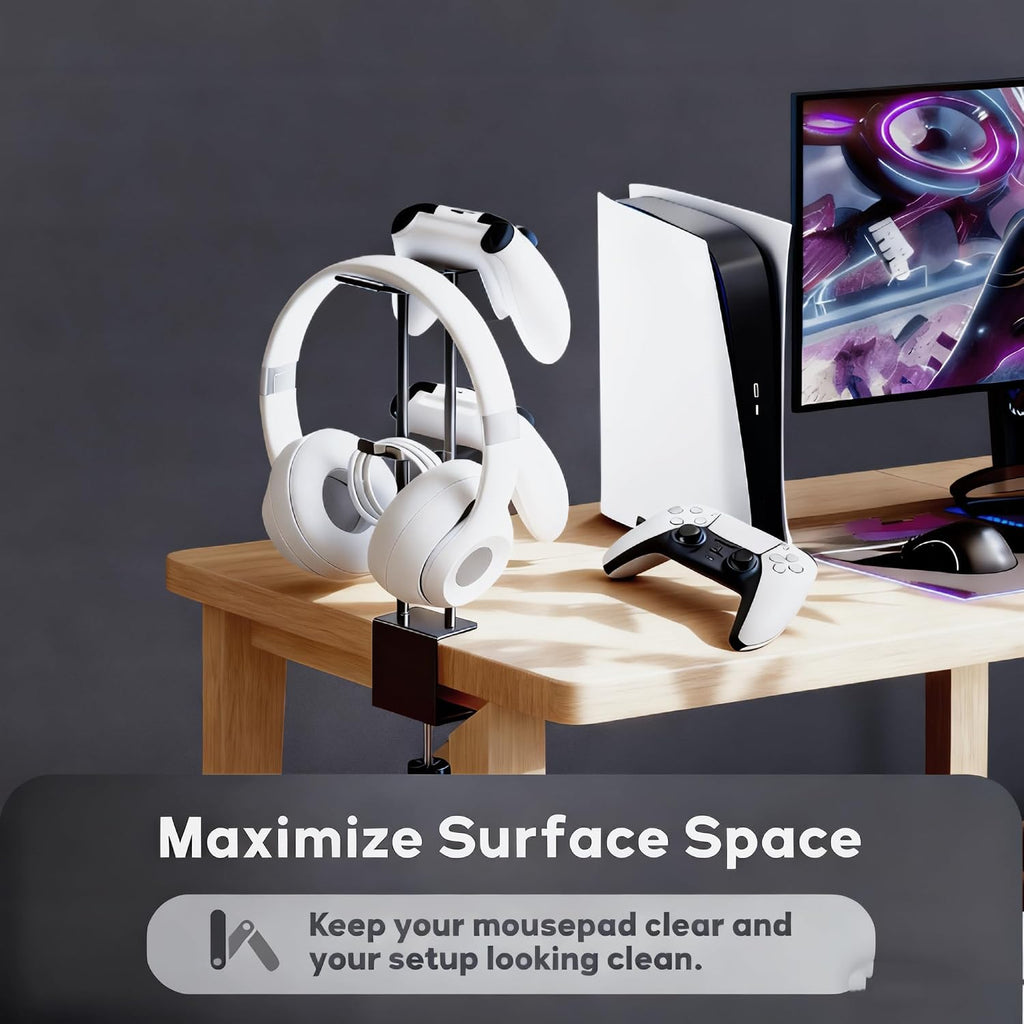 Headphone Stand with Controller Holder, Aluminum Under Desk Clamp Headset and Controller Stand - 2 in 1 Headphone