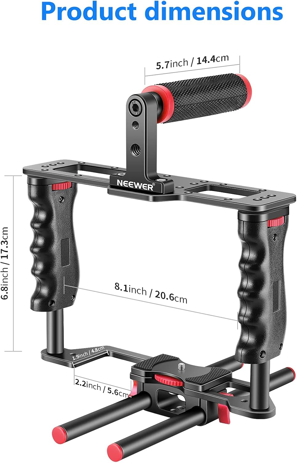Camera Video Cage Film Movie Making Kit, Aluminum Alloy with Top Handle, Dual Hand Grip, Two 15mm Rods, Compatible